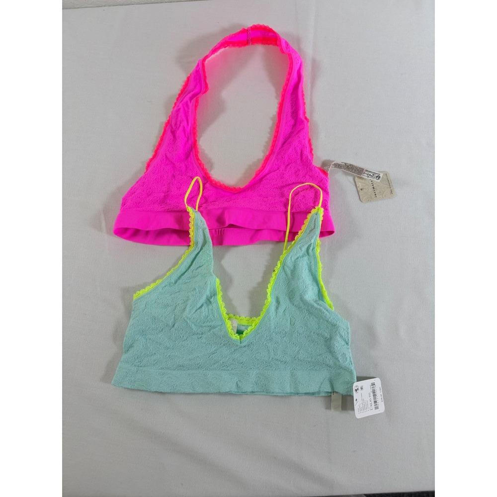 Free People Bralette Large XL Pink Jade NEW 2 Pack Lace Halter V-Neck C8165